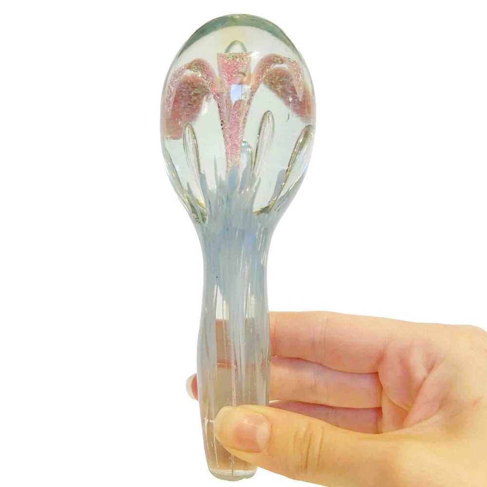 Decorative Blown Art Glass Pink Lily Flower Floral Blue Paperweight Bauble Decor